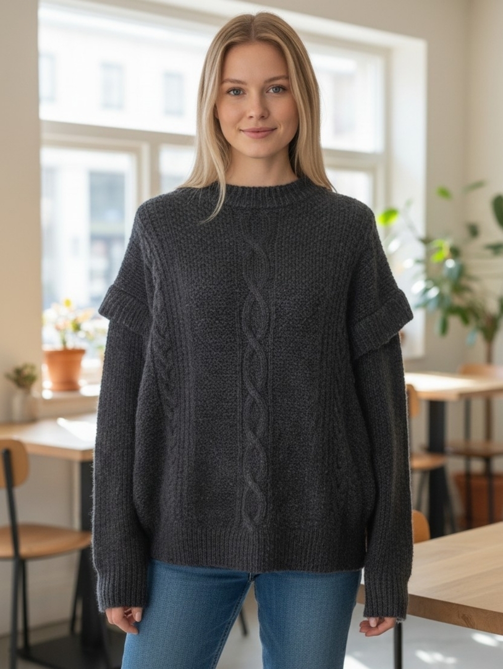 NWT Elan Black Cable Knit Ruffle Sweater S